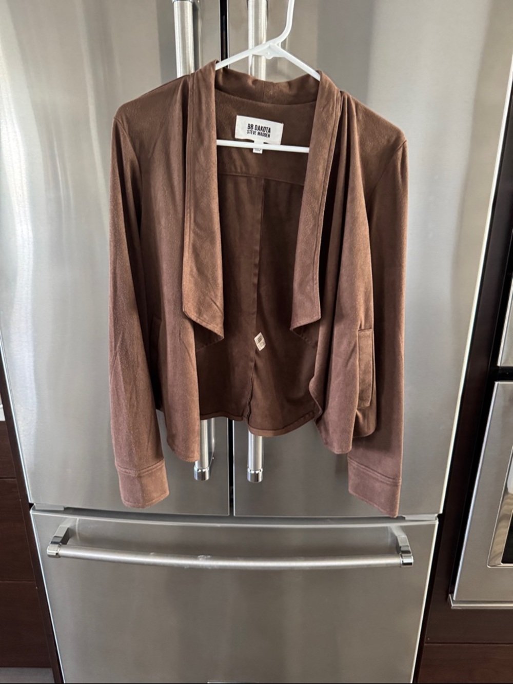 BB Dakota Brown Suede-Texture Draped Open-Front Jacket